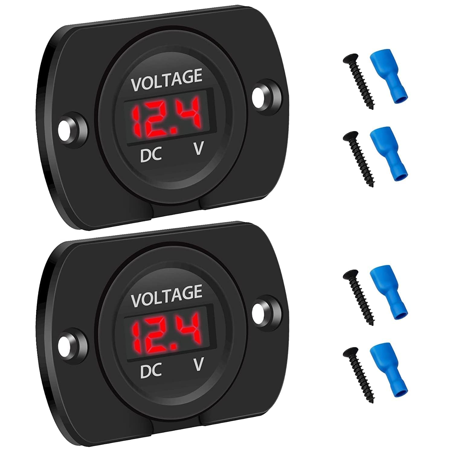 Linkstyle 2 Pack Dc 12V 24V Car Voltmeter With Led Digital Display Panel, Waterproof Voltage Gauge Meter With Terminals For Boat