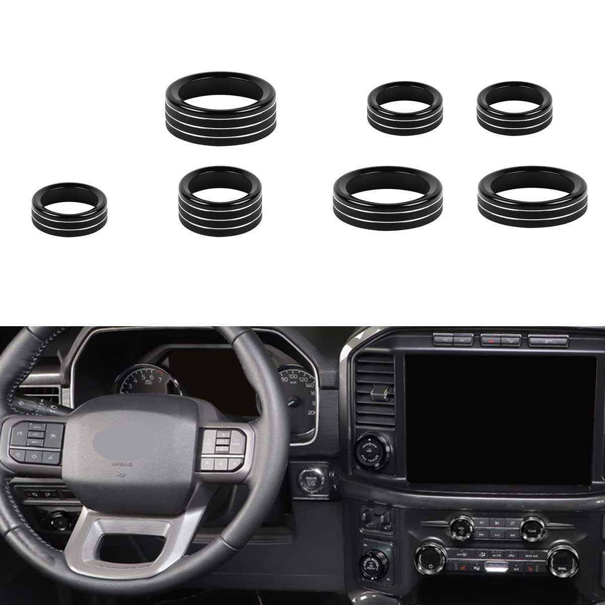 Keptrim For Ford F150 2021 2022 2023 Knob Air Conditioner Switch & Trailer & 4Wd & Vol & Headlight Button Ring Trim, Black Alumi