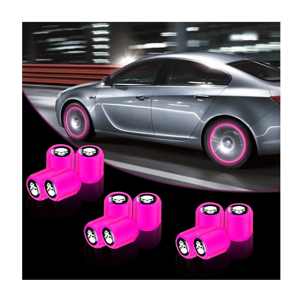 12Pcs Fluorescent Skull Car Tire Valve Stem Caps, Abs Corrosion Resistant Wheel Valve Cover, Luminous Illuminated Cap Glow In Th