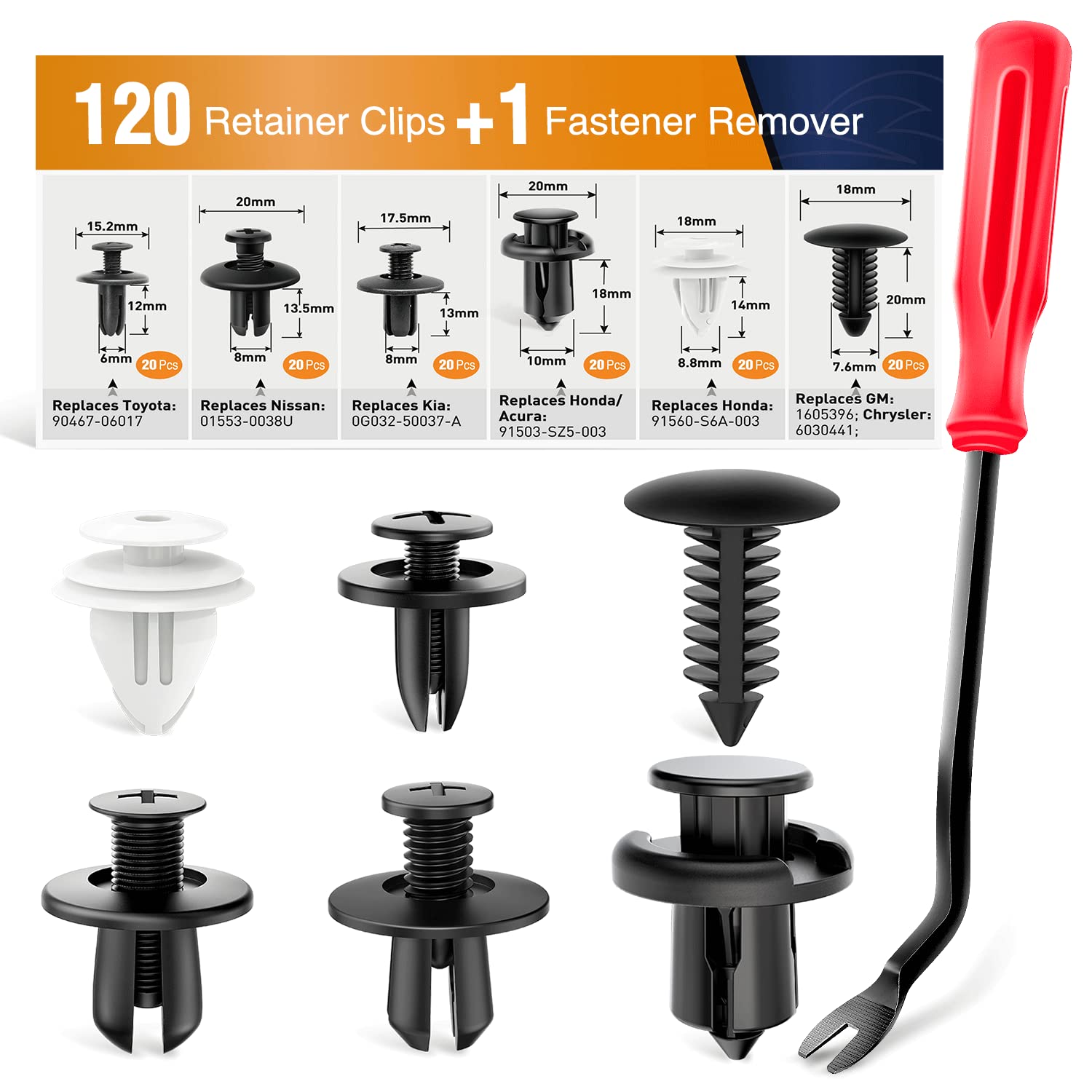 Gooacc 120Pcs Car Bumper Push Retainer Clips & Nylon Fasteners Rivet Kit 6Mm 7.6Mm 8Mm 8.8Mm 10Mm Door Trim Panel Clips , 1Pc Fa