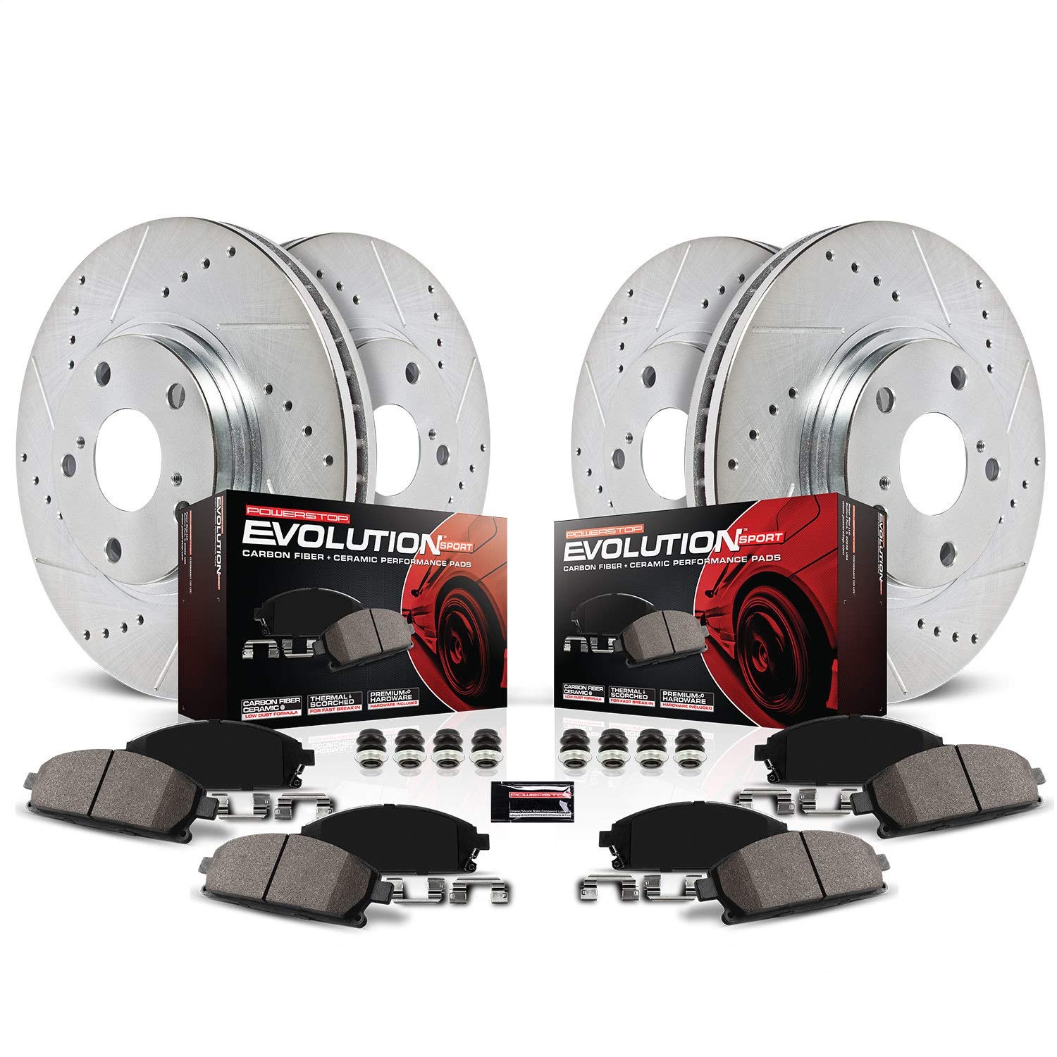 Power Stop K6970 Front And Rear Z23 Carbon Fiber Brake Pads With Drilled & Slotted Brake Rotors Kit