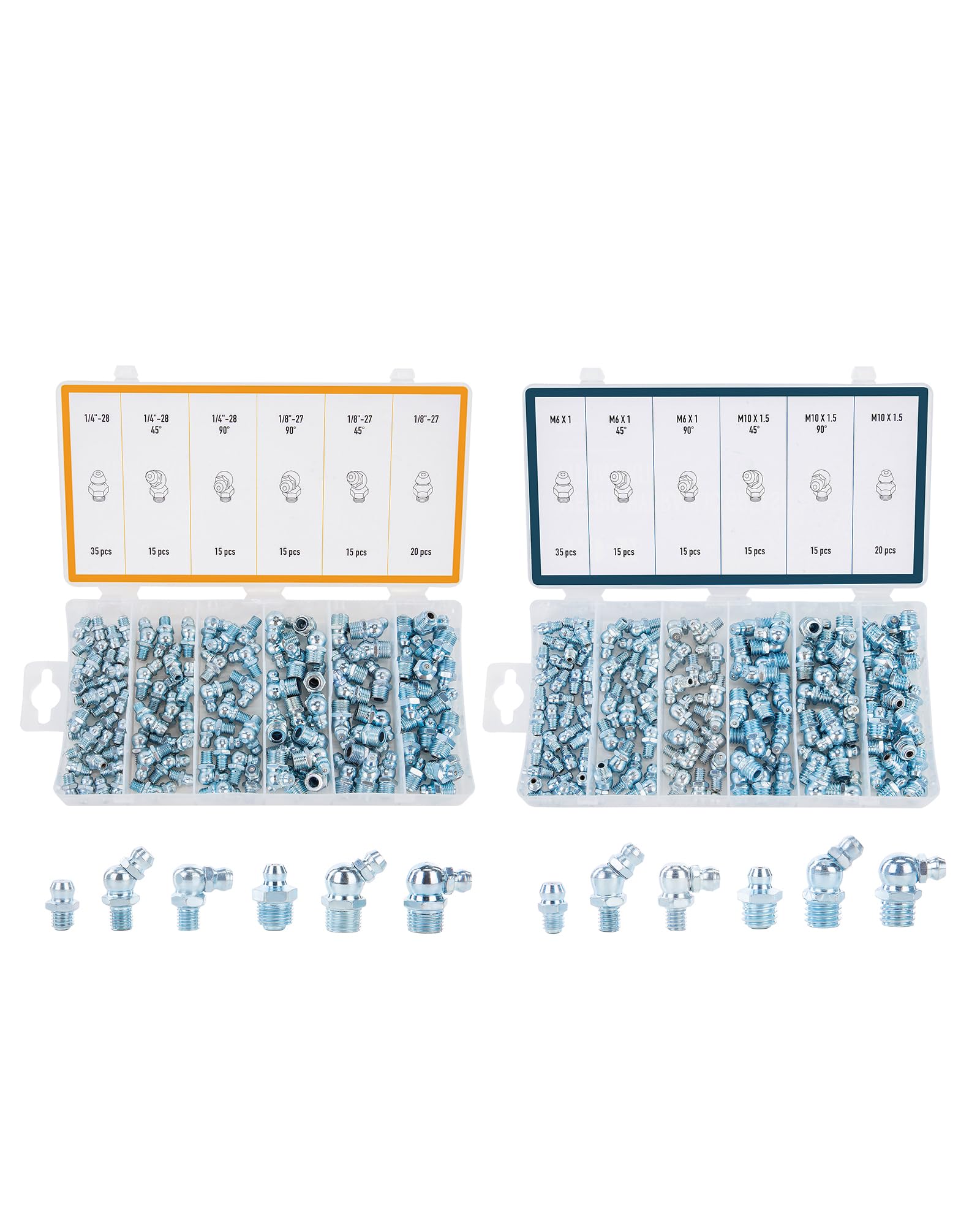 Zelcan 230Pc Sae & Metric Grease Fittings Kit Hydraulic Grease Zerk Assortment: 1/4'' 1/8'' M6 M10 Straight 45 90 Degree Zerks G
