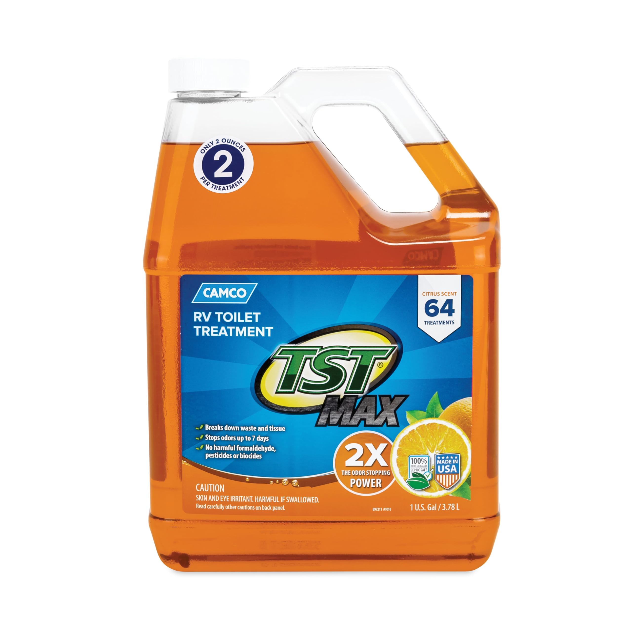 Camco Tst Max Rv Toilet Treatment | Features A Biodegradable Septic Safe Formula, Comes In An Orange Citrus Scent, And Is Ideal