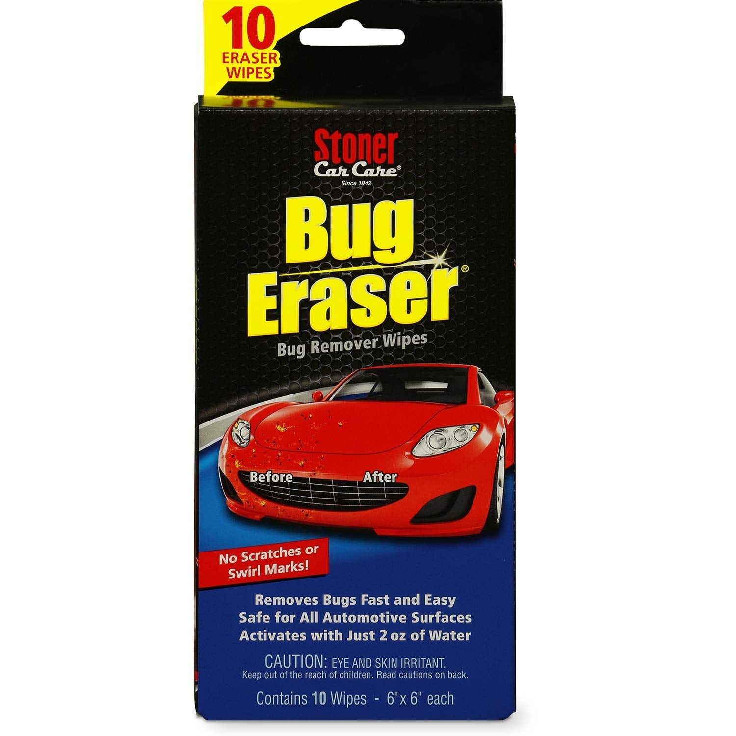 Stoner Car Care 95401 Bug Eraser Car Cleaning Wipes, Removes Bugs Fast And Easy, Safe For All Automotive Surfaces, 10 Eraser Wip