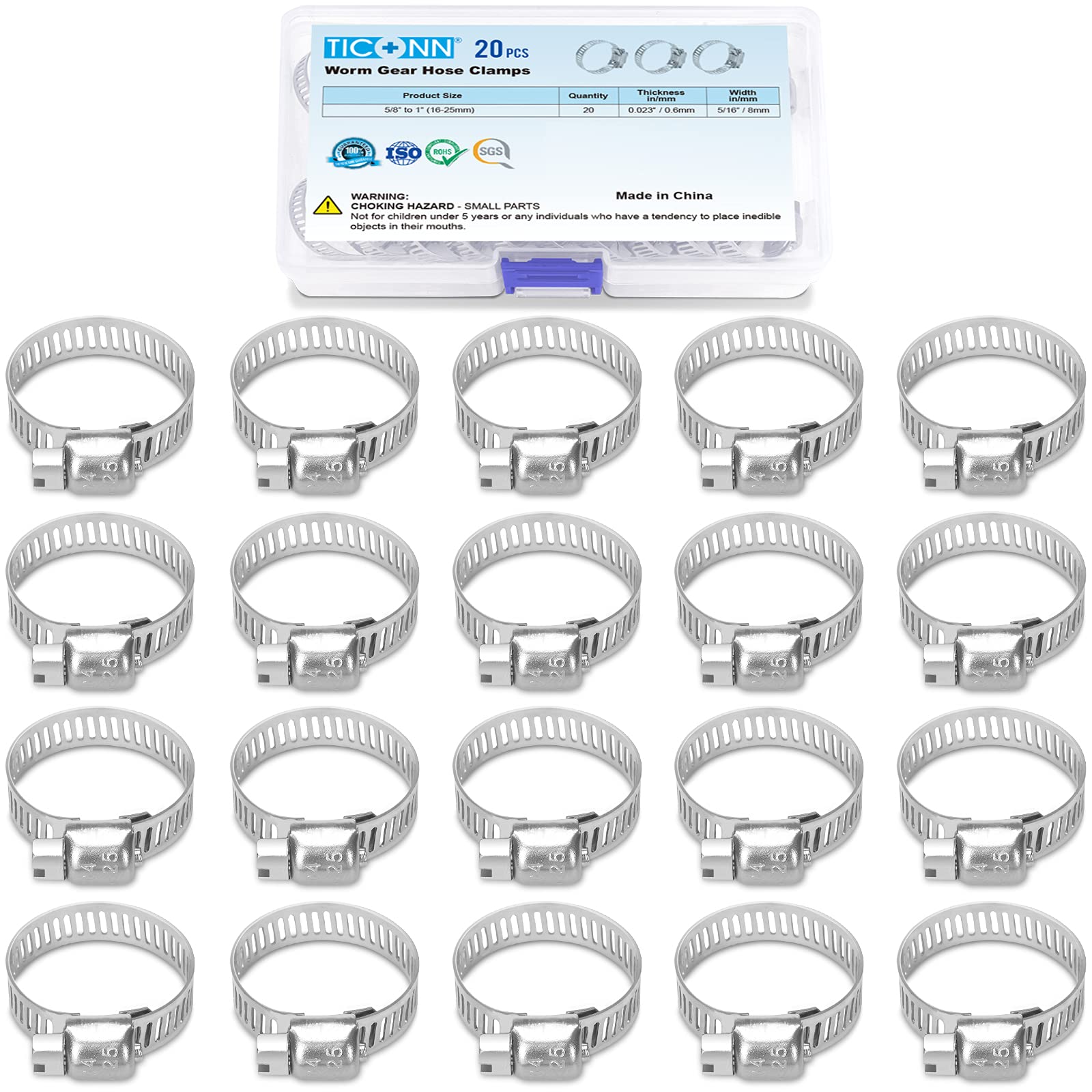 Ticonn 20Pcs Hose Clamp Set - 5/8''-1'' 304 Stainless Steel Worm Gear Hose Clamps For Pipe, Intercooler, Plumbing, Tube And Fuel