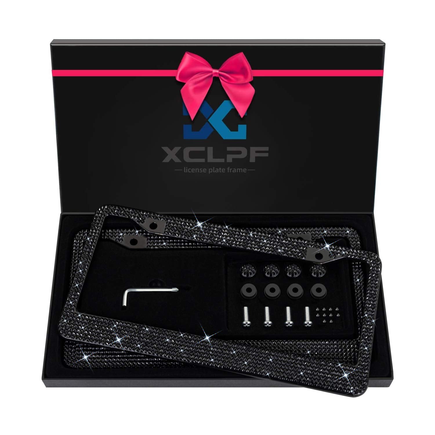 Sparkly Rhinestone License Plate Frame For Women - Stainless Steel With 1200 Black Glass Crystals