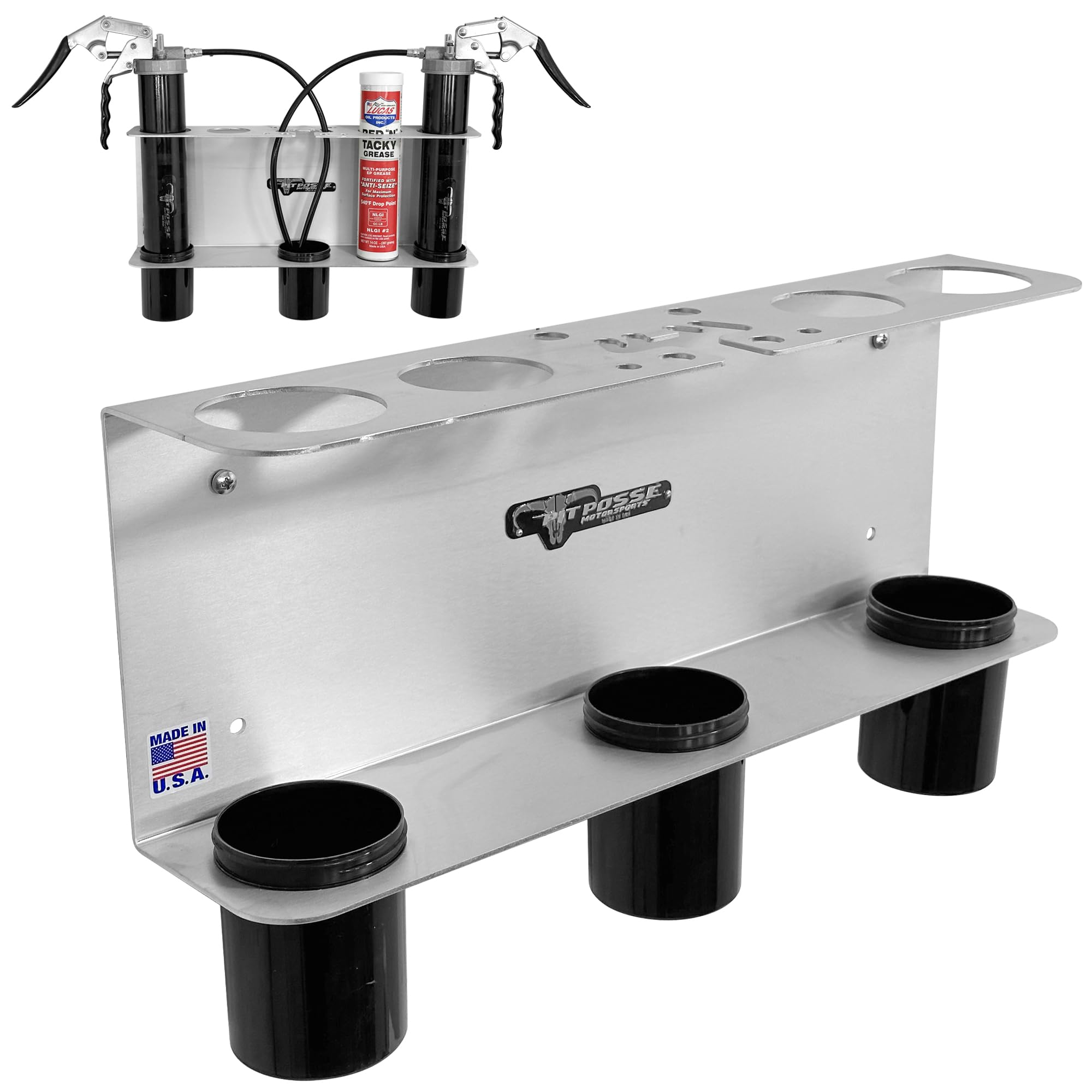 Pit Posse Pp3363 Hand Grease Gun Tube Holder Rack - Made In Usa - Holds 2 Grease Guns- Garage Organizer Aluminum Storage Caddy W