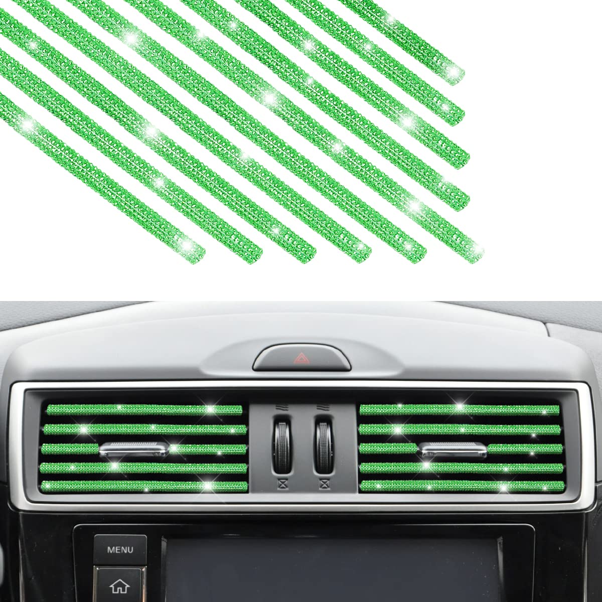 Aukepo Green Rhinestones Diamond Decoration Strips, 10Pcs Waterproof Bling Car Vent Outlet Trim For Straight Air Conditioner, In