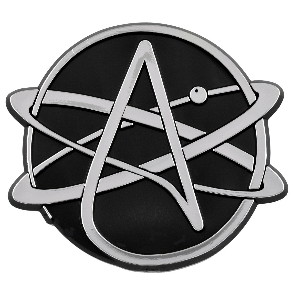 Round Atheist Atom Plastic Auto Emblem - [Silver][3 1/2'' X 3 1/4'']