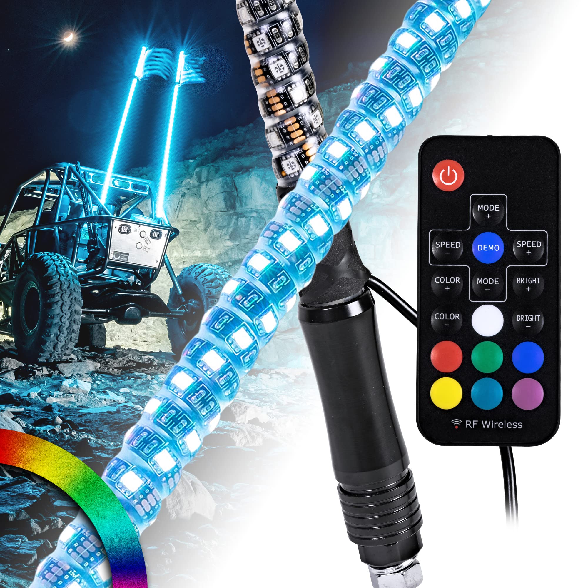 True Mods 2Pc 5Ft Spiral Rgb Led Whip Light For Utv Atv [Rf Wireless Remote] Flag Waterproof Led Lighted Whip Antenna Pole Stick