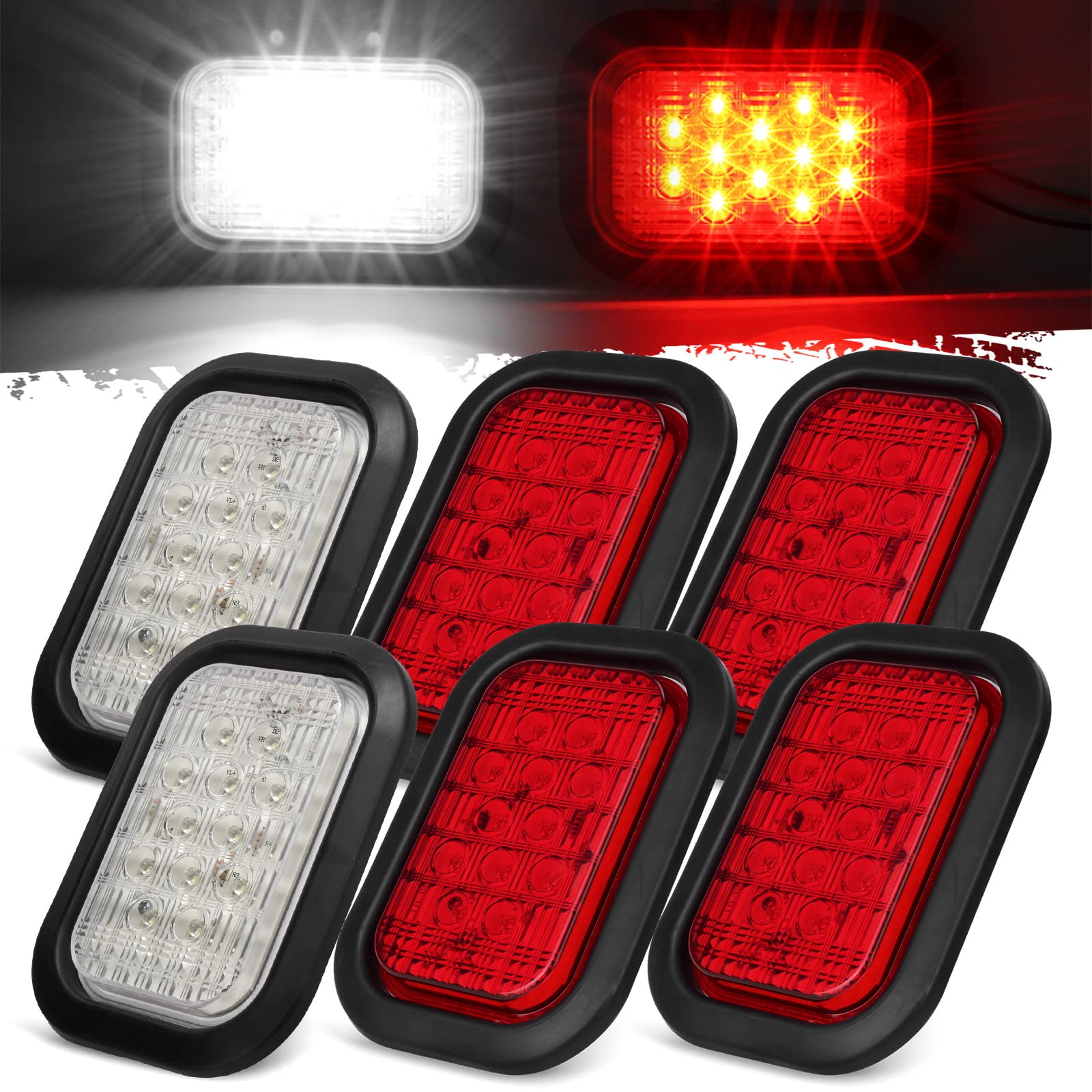 Partsam 6Pcs 5x3 LED Truck Trailer Hitch Light, 12 LED, Flush Mount, Stop/Turn/Tail & Backup, 4xRed+2xWhite