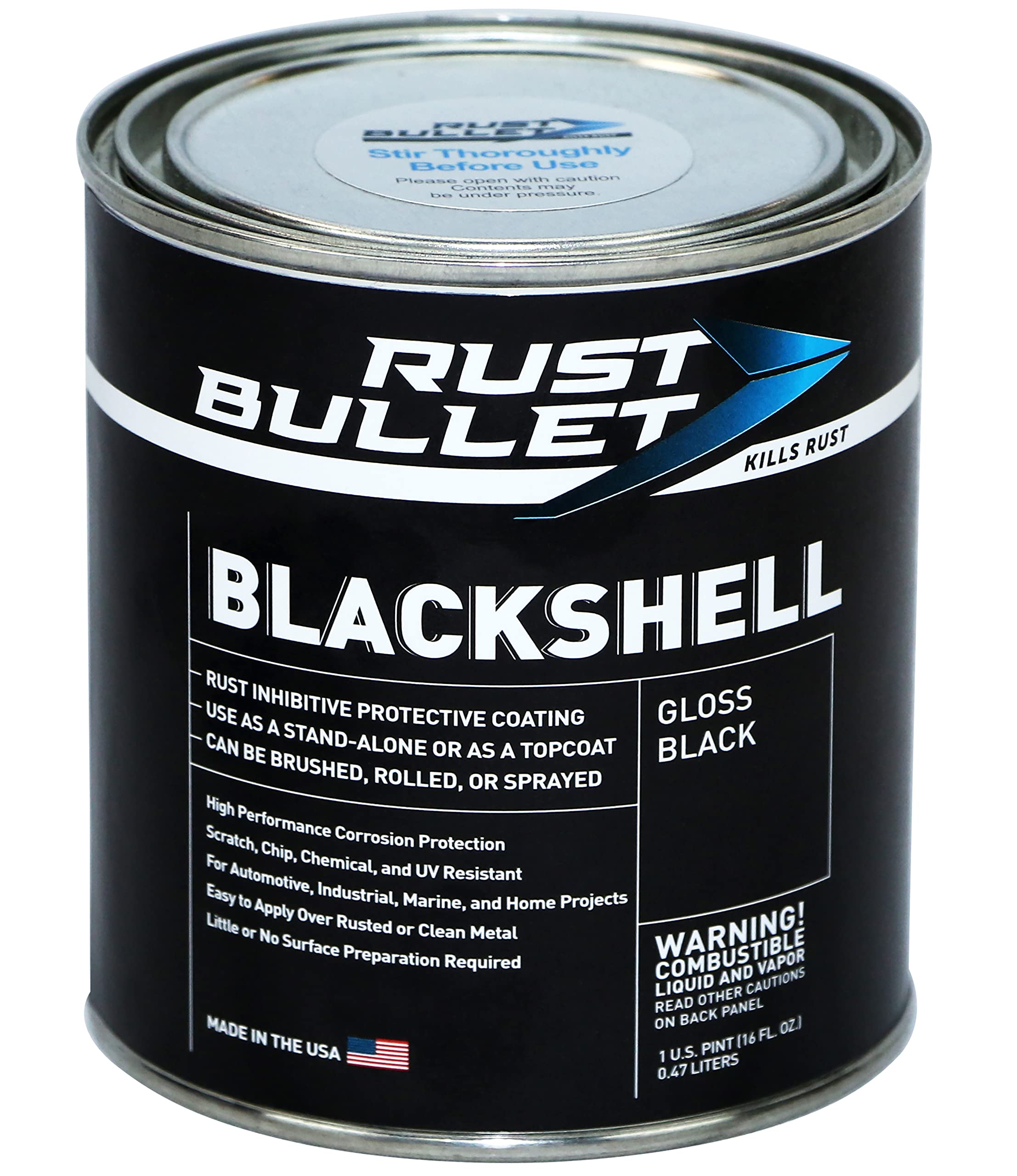 Rust Bullet - Blackshell - Gloss Black Rust Inhibitor, Rust Preventive Coating - Uv Resistant Rust Treatment - Pint