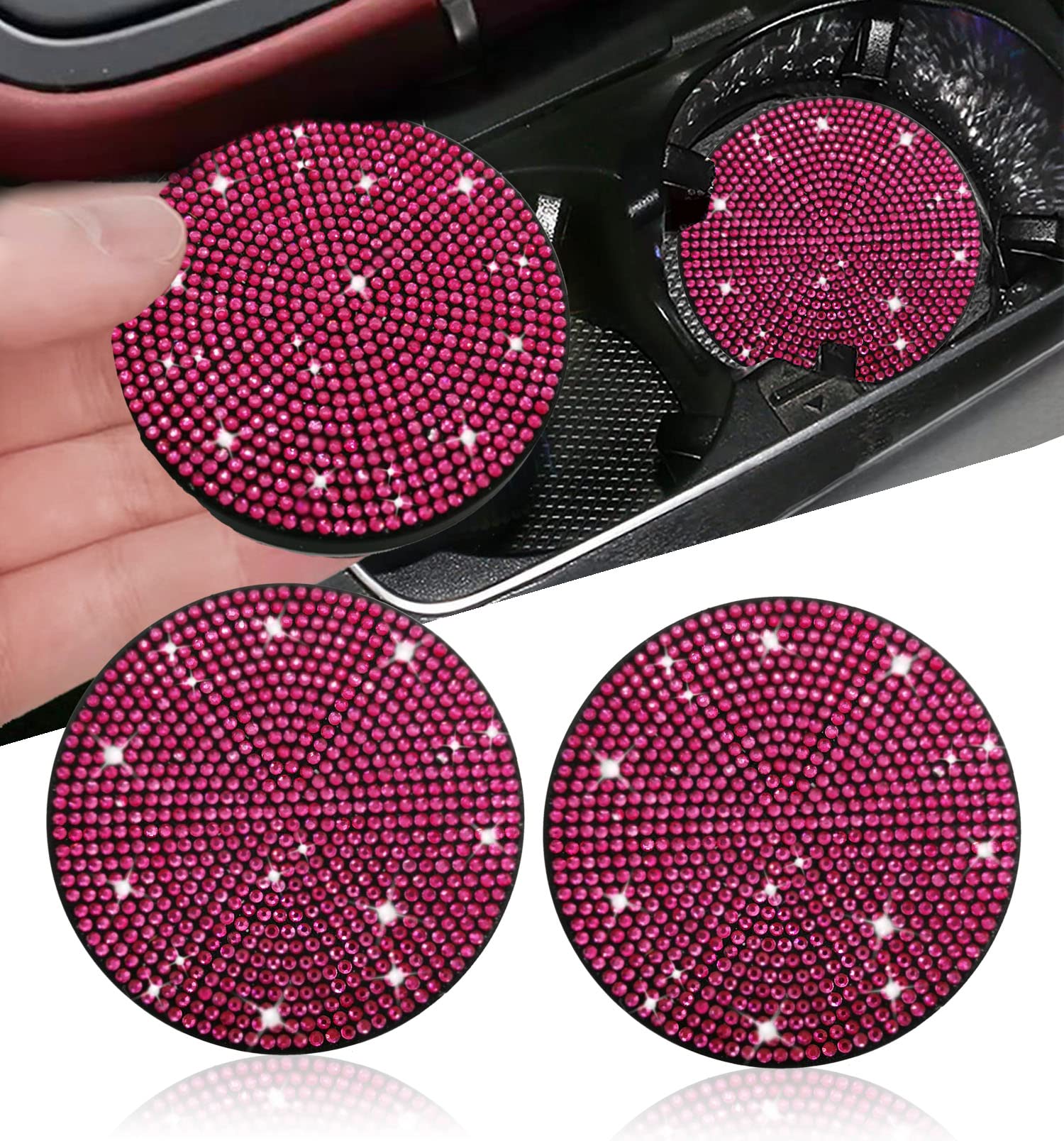 2Pcs Bling Car Cup Holder Coaster, 2.75 Inch Anti-Slip Shockproof Universal Fashion Vehicle Car Coasters Insert Bling Rhinestone