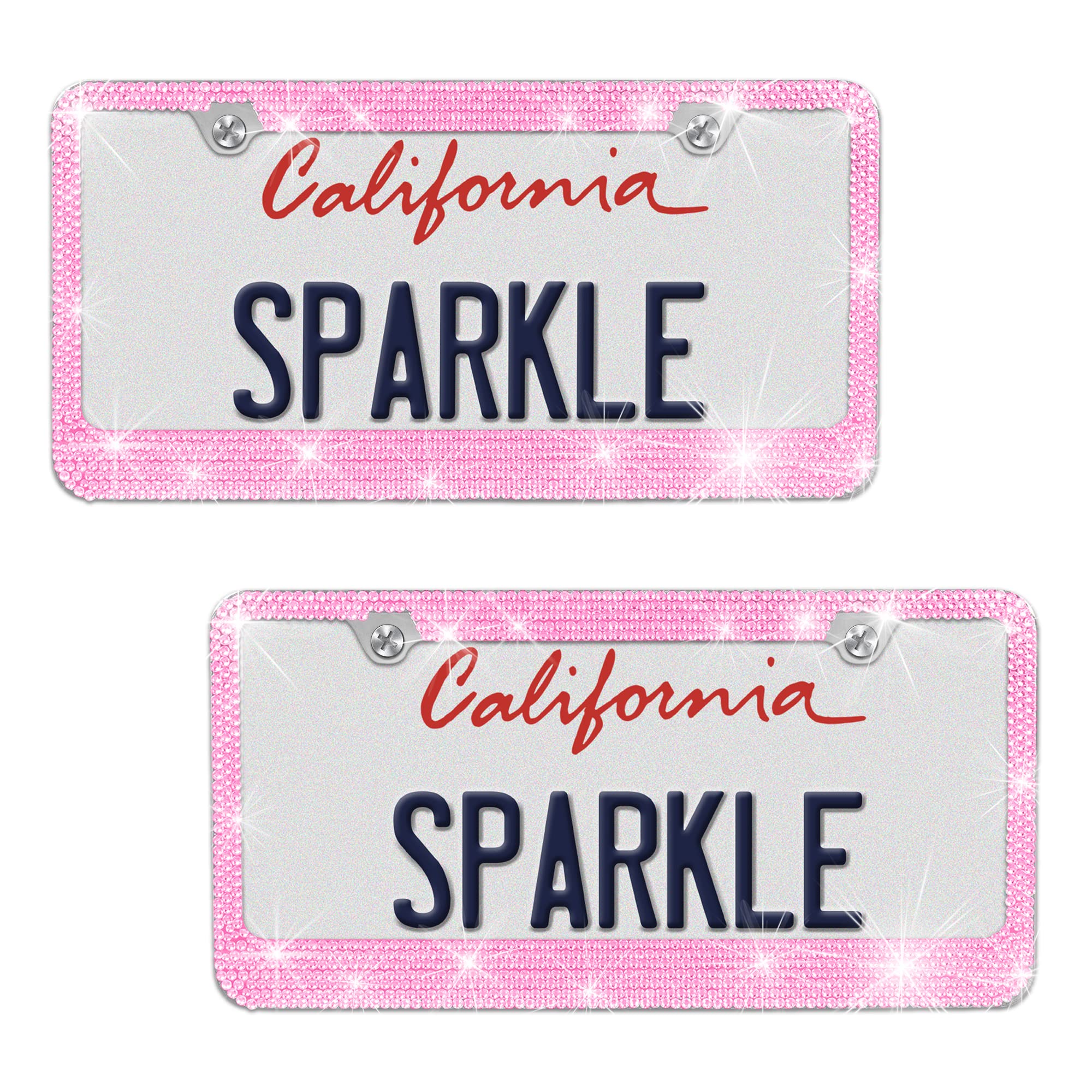 Bdk Stainless Steel Pink Sparkly Sparkling Diamond Crystal Bling Premium License Plate Frame Metal Silver Rhinestone For Women U