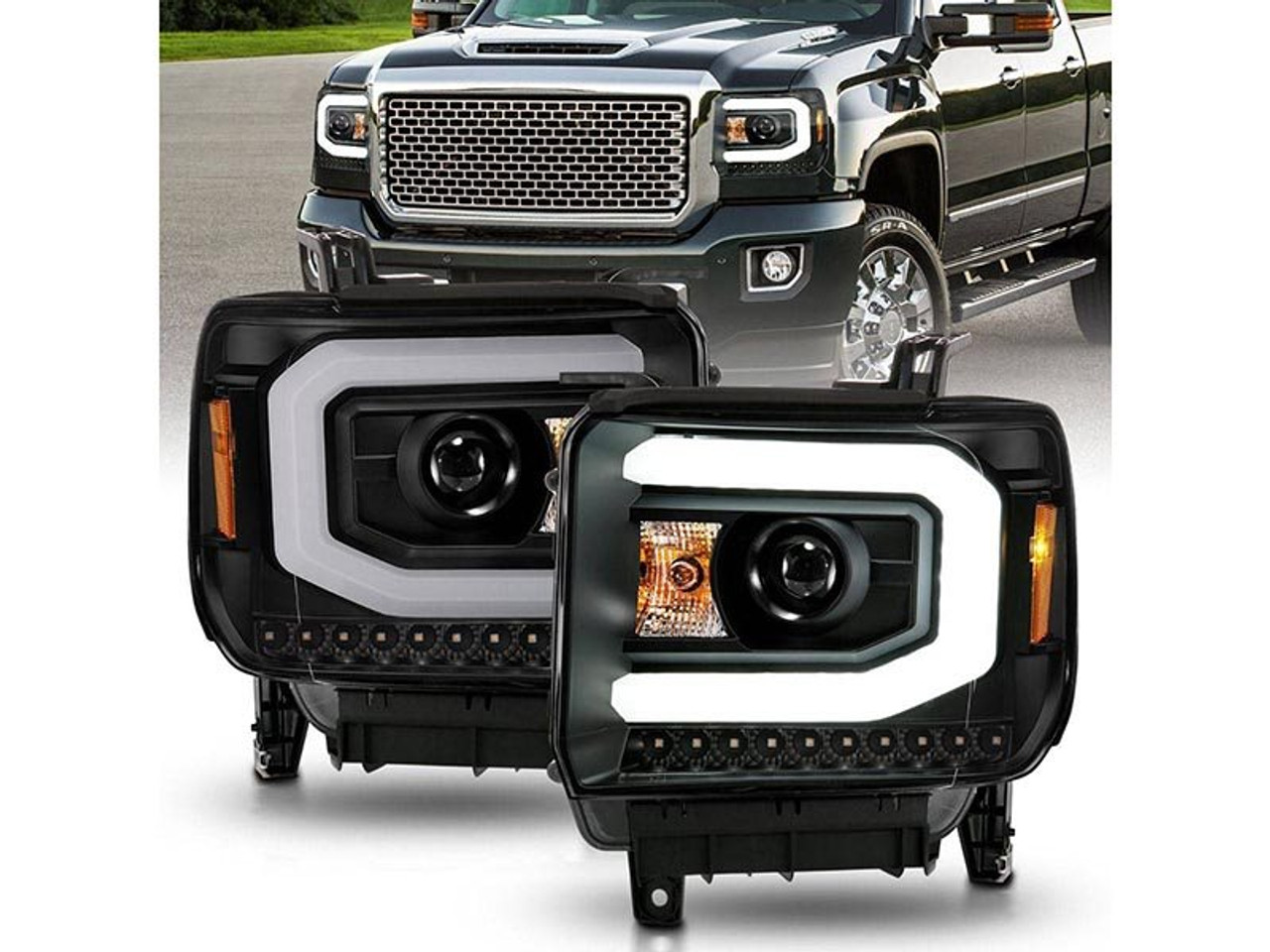 ANZO Projector Headlights, Black Housing, Clear Lens w/DRL :: 2014-2015 GMC Sierra 1500