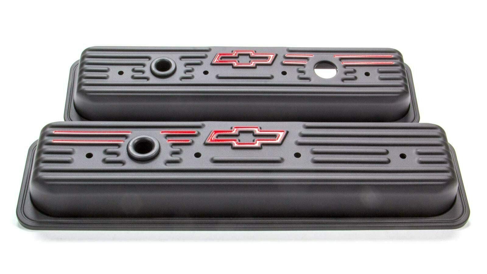 Proform Valve Cover, Short, Baffled, Breather Hole, Bowtie Logo, Steel, Black Crinkle, Center Bolt, Small Block Chevy, Pair