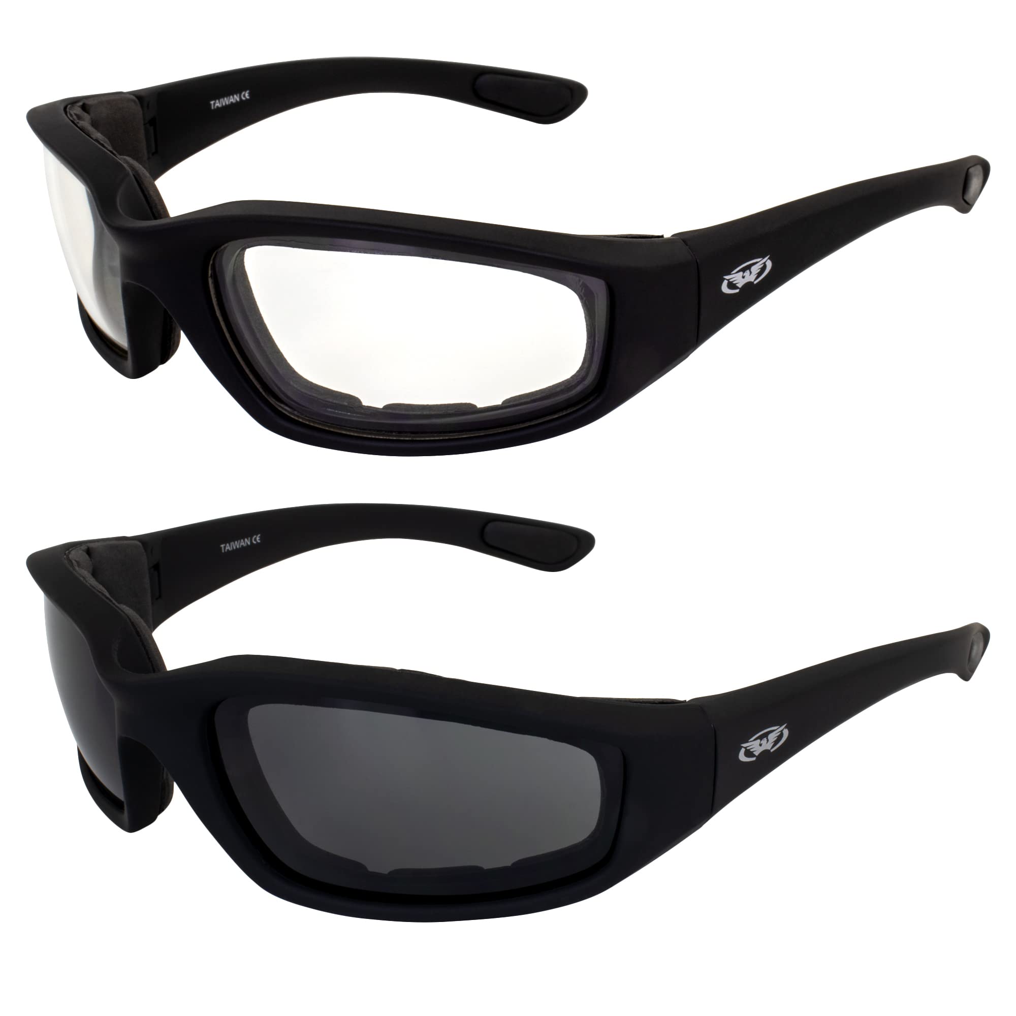 Global Vision Kickback Padded Motorcycle Sunglasses 2 Pair Black Frame Clear & Smoke Lenses