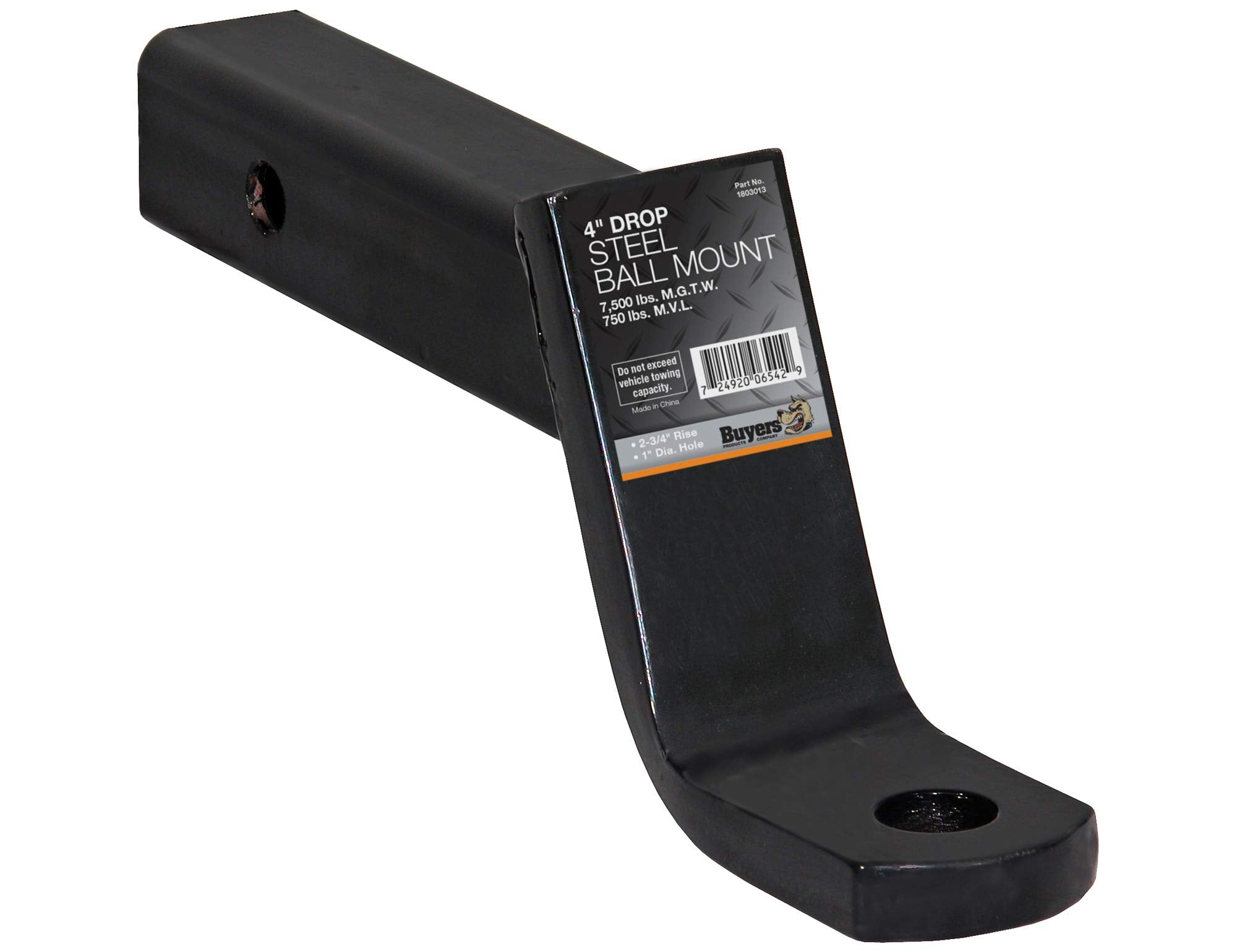 Buyers Products 1803013 Trailer Hitch Ball Mount, Fits 2-Inch Receiver, 4-Inch Drop, 2-3/4 Inch Rise, 10-Inch Long, 7,500 Mgtw,