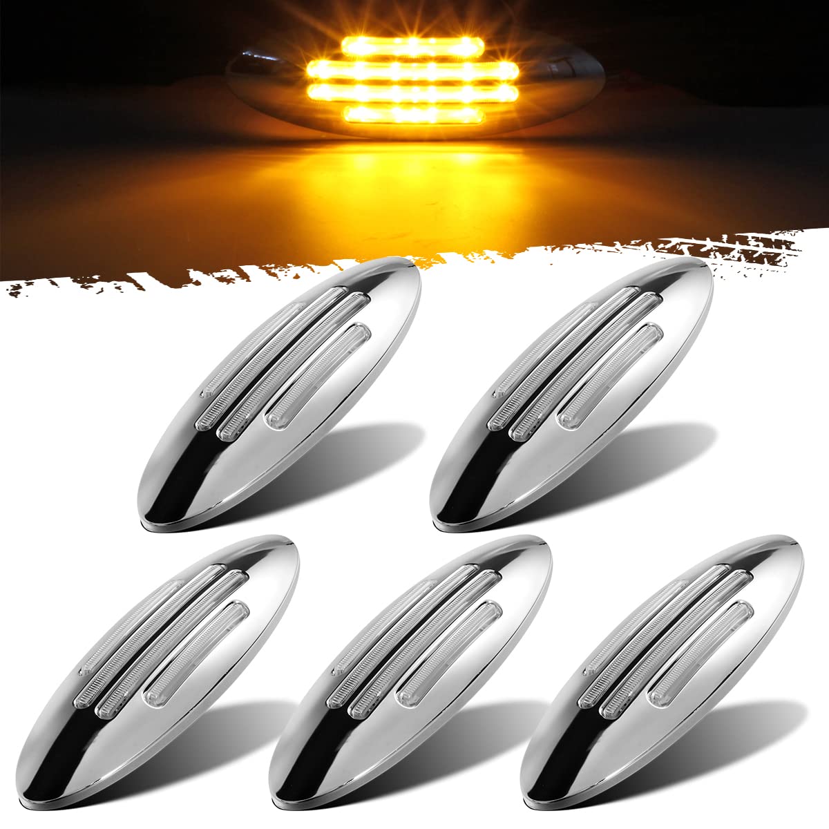 Partsam 5Pcs Flatline Amber Oval Semi Truck 24Led Marker Lights, Clearance Lights Replacement For Freightliner Peterbilt Kenwort