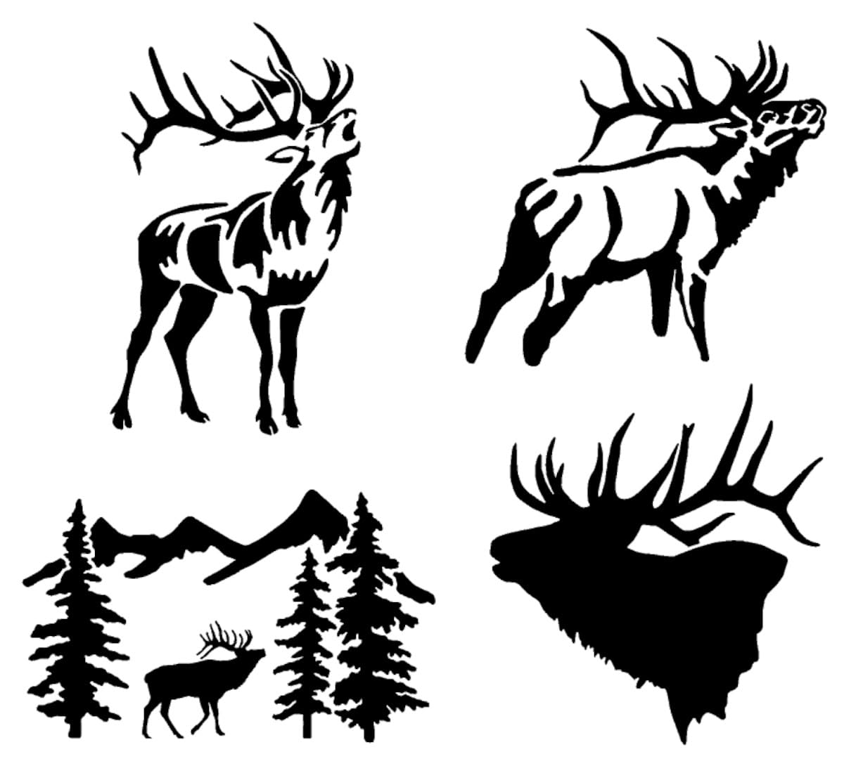 Elk Deals 4 Pack: Bulging Elk, Detailed Elk, Elk Head Silhouette, Elk In Trees (Black, Small ~3.5'')