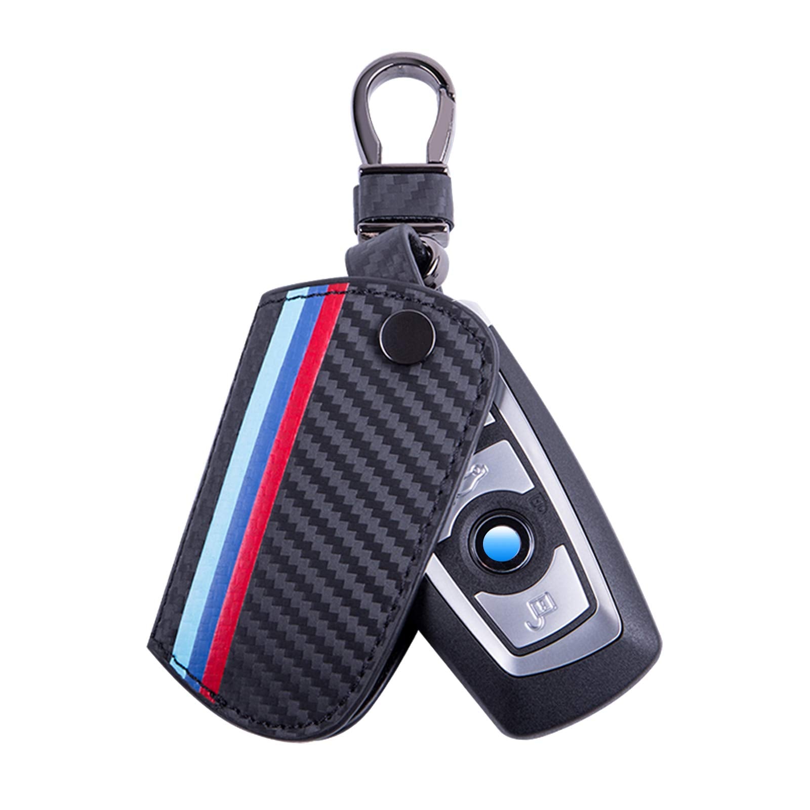 Jkcover Key Fob Holder Protector Compatible With Bmw Remote Fob, M-Colored Stripe Black Carbon Fiber Pattern Leather Key Cover W