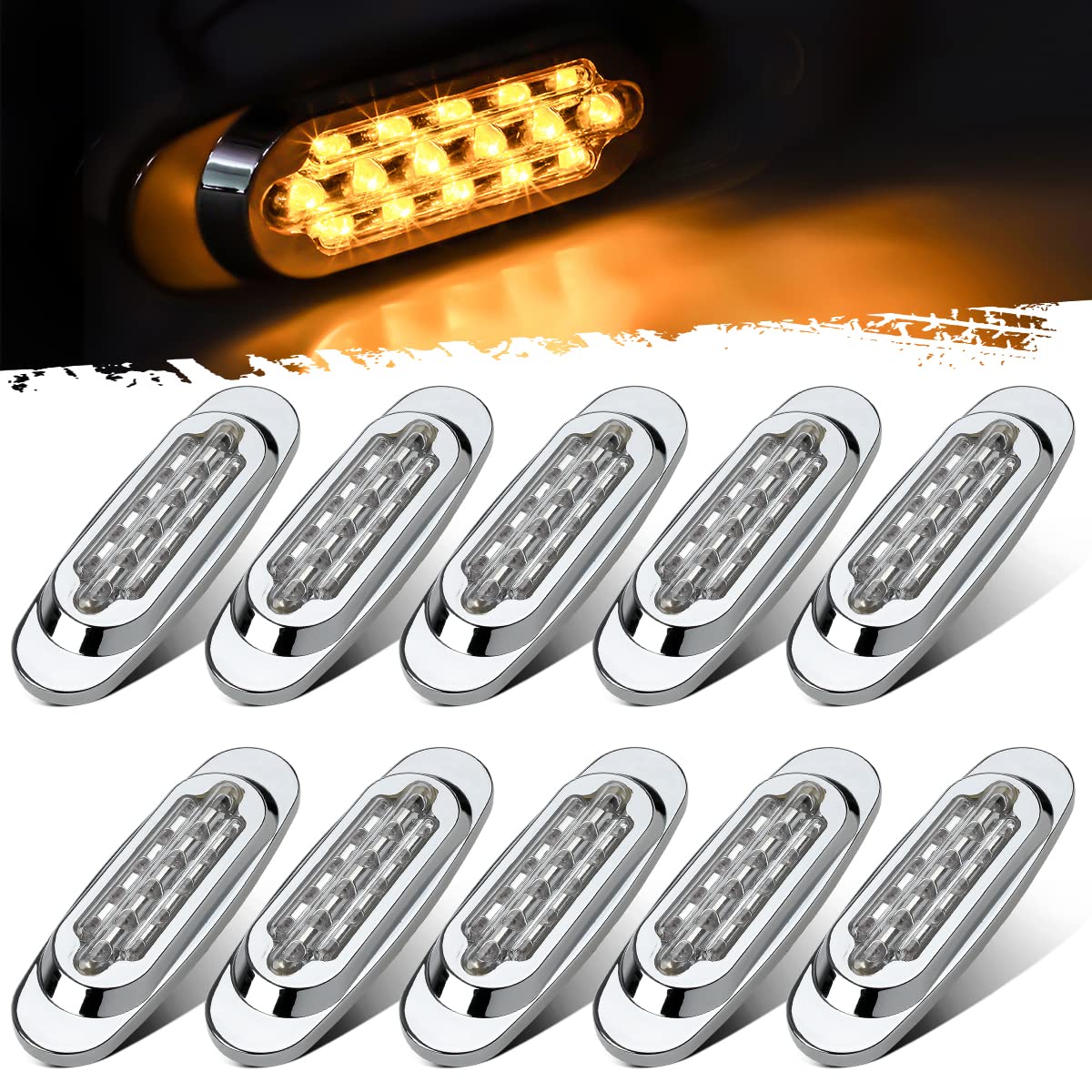 Partsam 10Pcs 6.5 Inch Clear Lens Amber Led Oval Marker Light 16 Diodes Sealed Flush Mount Led Side Marker Lights Turn Signal Li