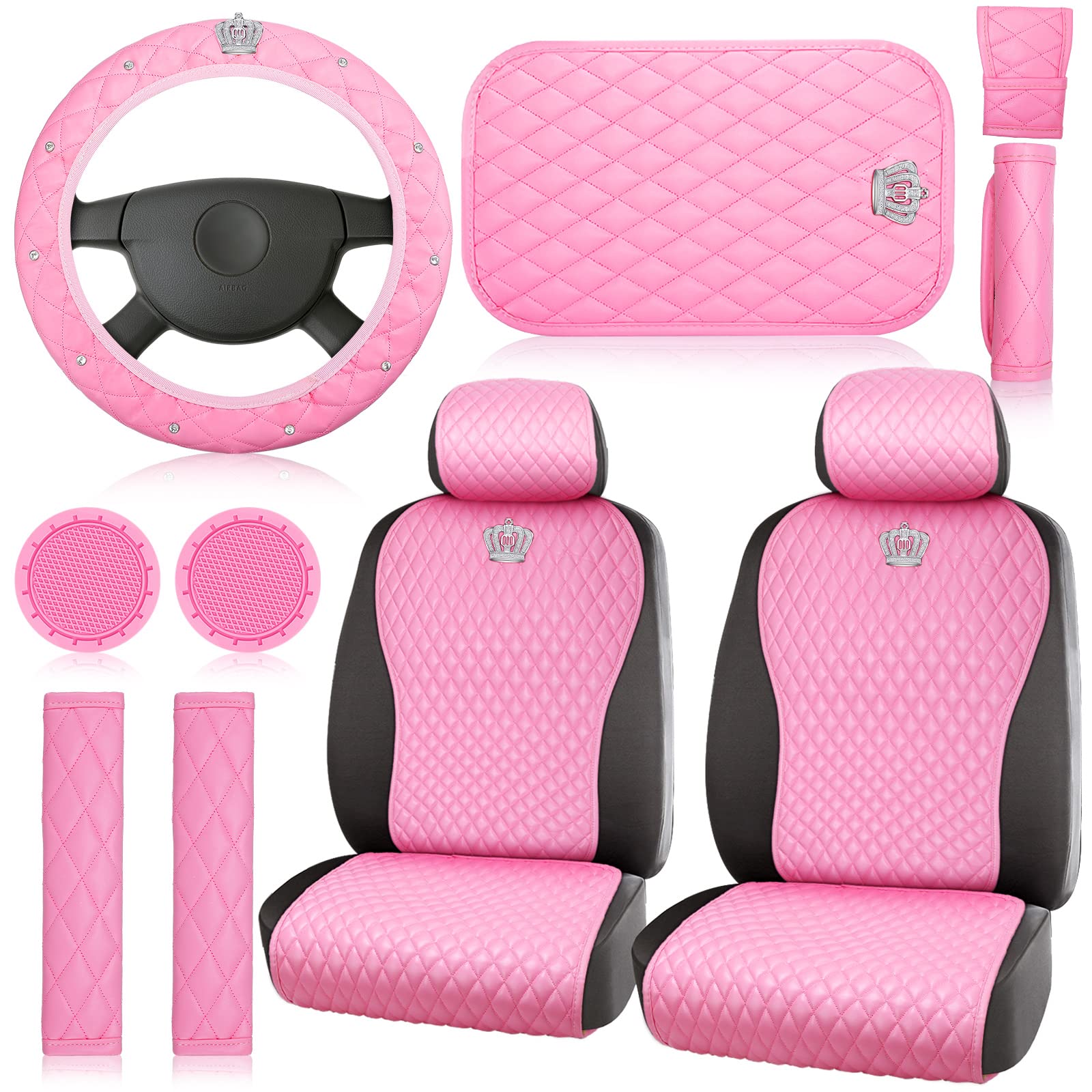 Tallew Pink Car Accessories Set Car Seat Covers Full Set Steering Wheel Cover Headrest Cover With Center Console Pad Cup Holders