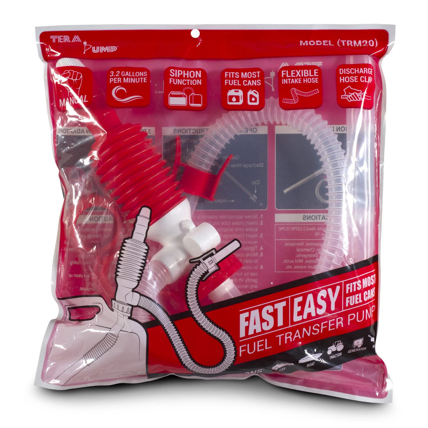 Tera Pump Trm20 Manual Fuel Transfer Pump W/Bendable Intake Hose And 3 Different Gas Can Adapters, No Heavy Lifting, Transfer Up