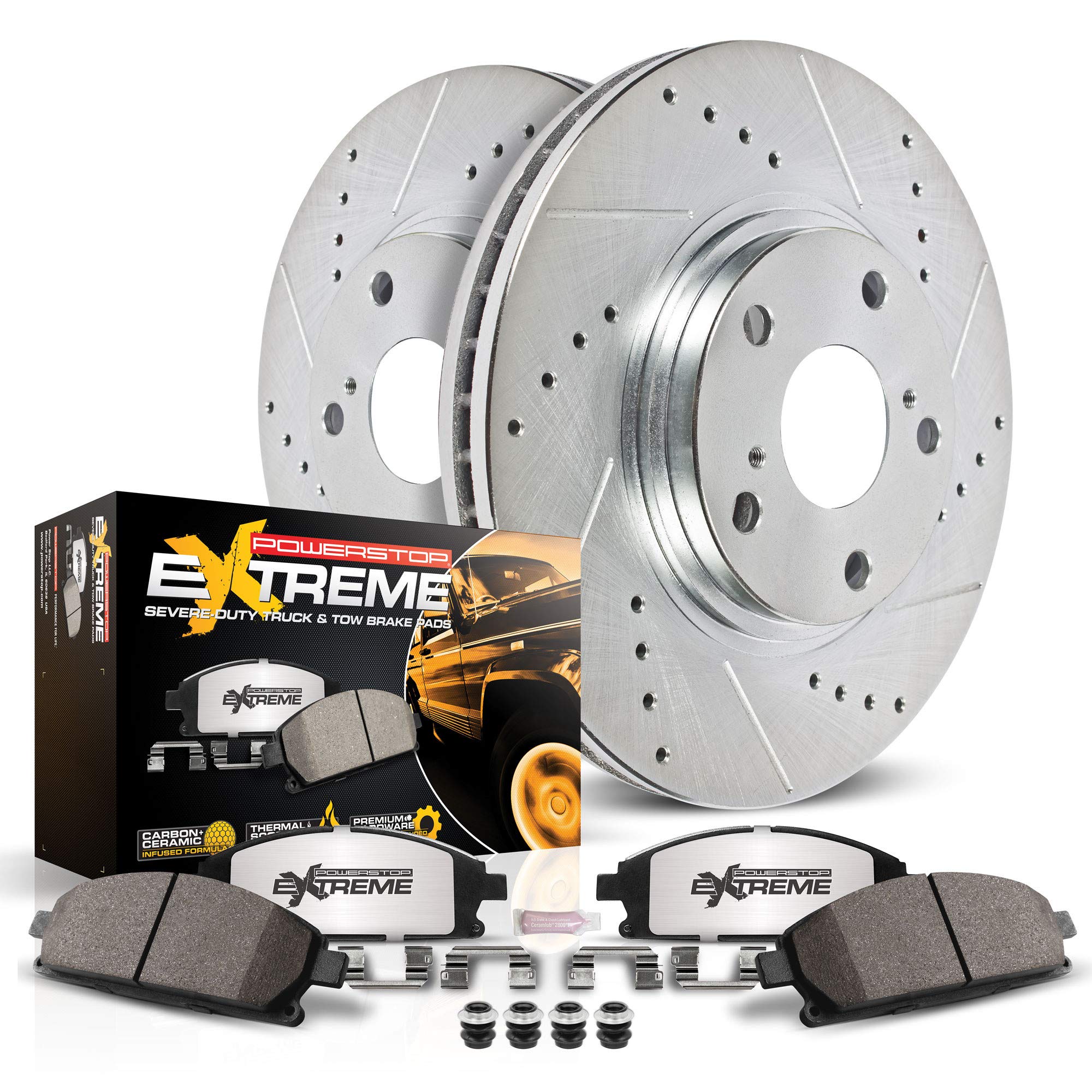 Power Stop K5821-36 Front Z36 Truck & Tow Brake Kit, Carbon Fiber Ceramic Brake Pads And Drilled/Slotted Brake Rotors