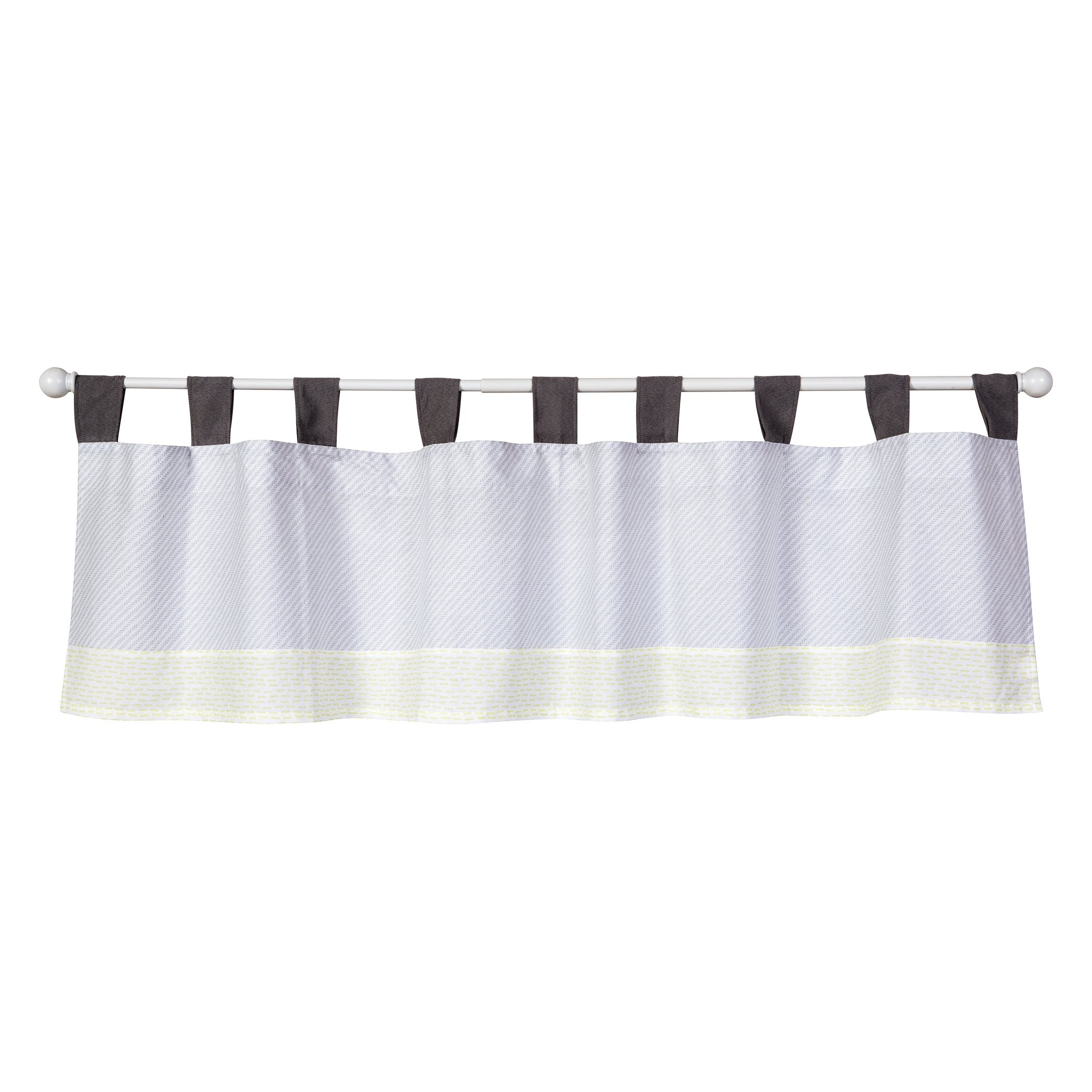 Farm Stack Window Valance - Tire Tread Body, Dash Border, Solid Tabs, Tab Top, Gray And Green, 56 In X 15 In