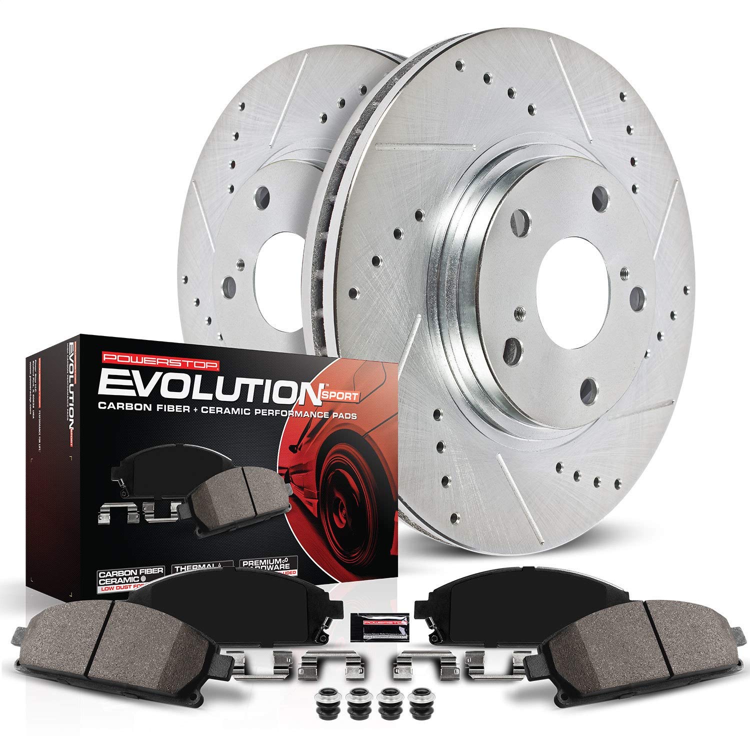 Power Stop K6536 Front Z23 Carbon Fiber Brake Pads With Drilled & Slotted Brake Rotors Kit