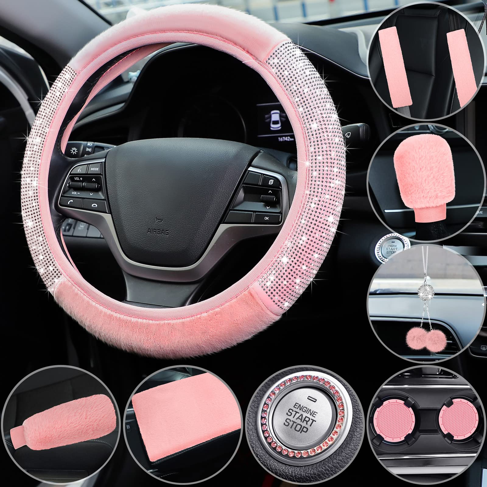 10 Pcs Pink Car Accessories Set, Pink Steering Wheel Cover Fluffy Armrest Box Mat Handbrake Cover Seat Belt Shoulder Pads Gear S