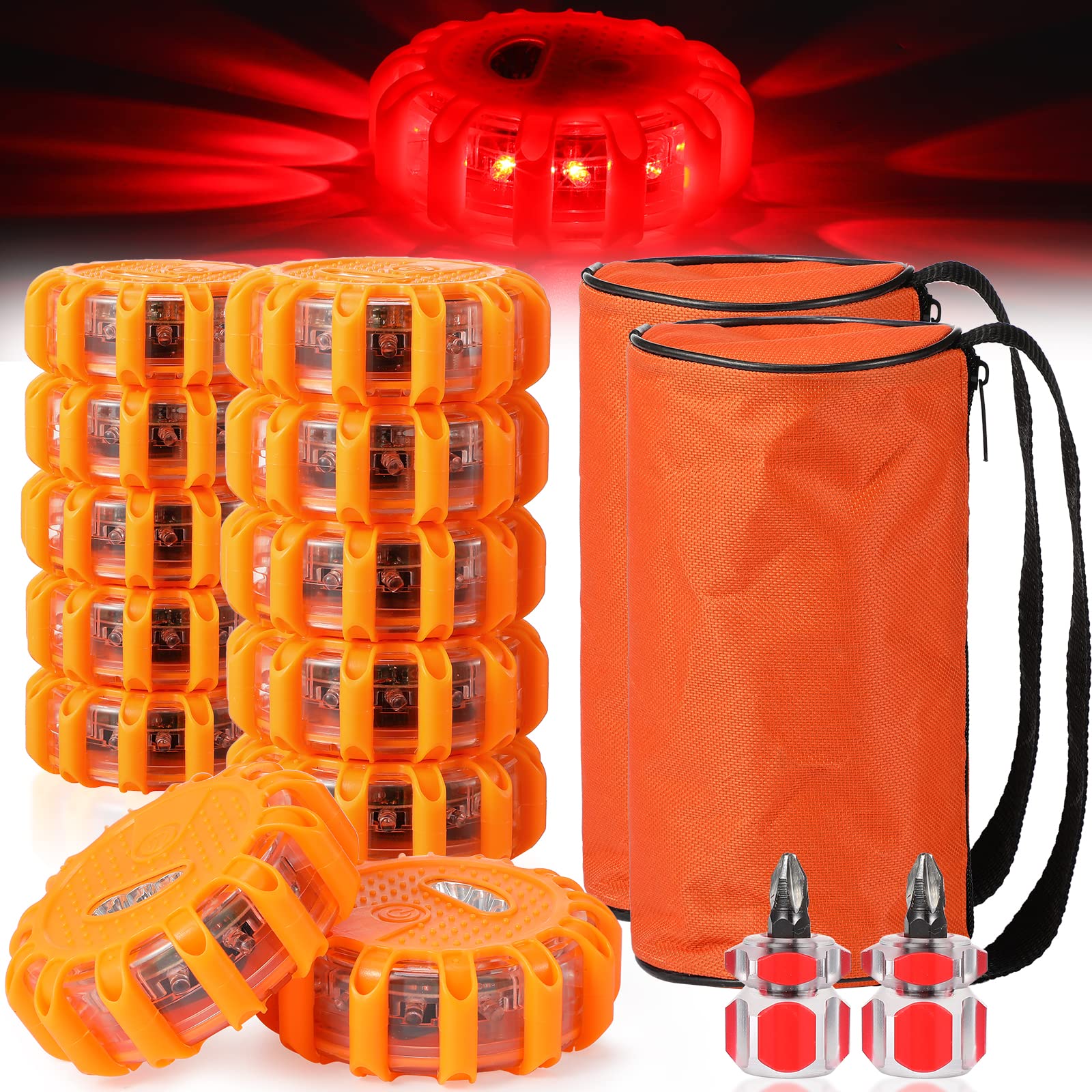 12 Pack Flare Light Led Road Safety Flashing Warning Kit Roadside Emergency Beacon Magnet Hook Vehicle Boat Truck Disc Magnetic